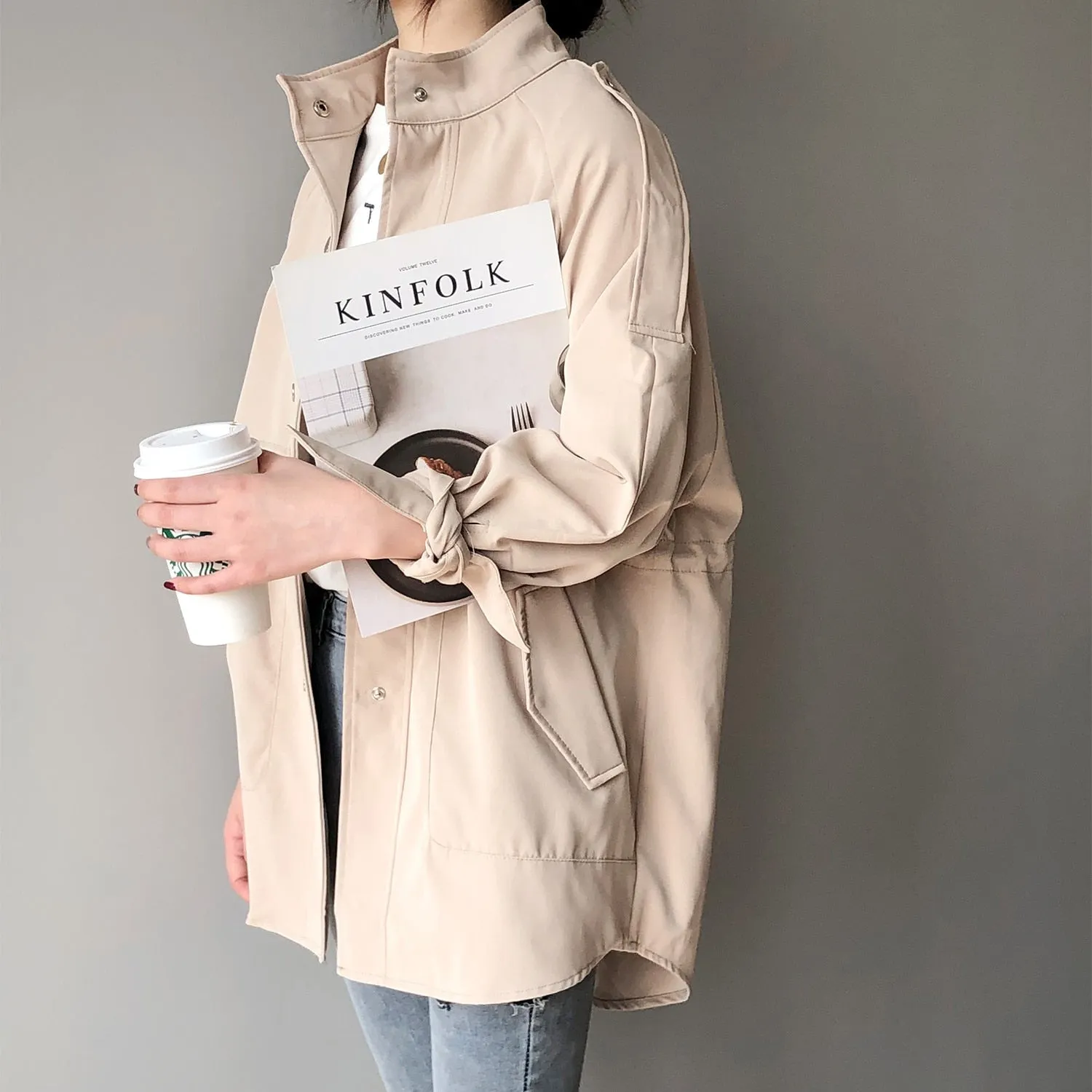 Fashion Trench Coats Female Spring Windbreaker Drawstring Coats Casual Loose Safari Clothes Stand Collar