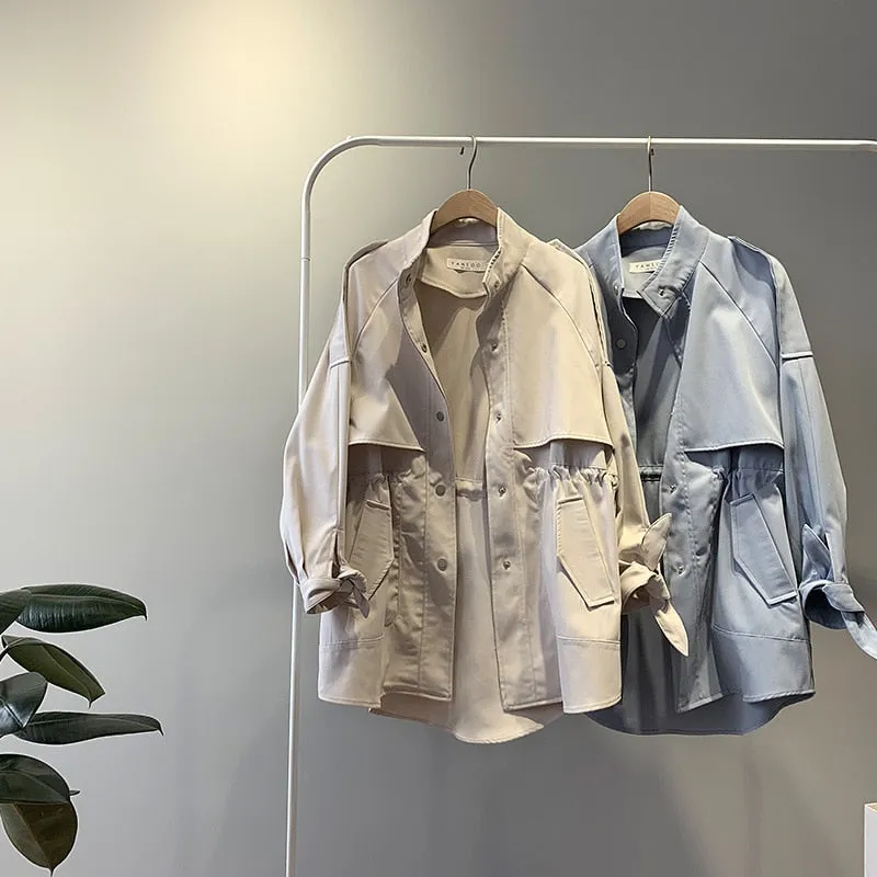 Fashion Trench Coats Female Spring Windbreaker Drawstring Coats Casual Loose Safari Clothes Stand Collar