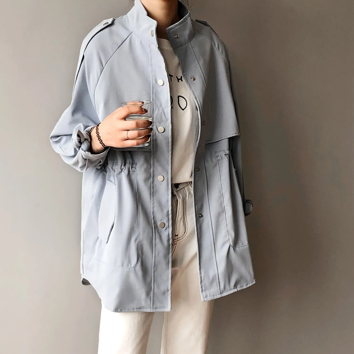 Fashion Trench Coats Female Spring Windbreaker Drawstring Coats Casual Loose Safari Clothes Stand Collar