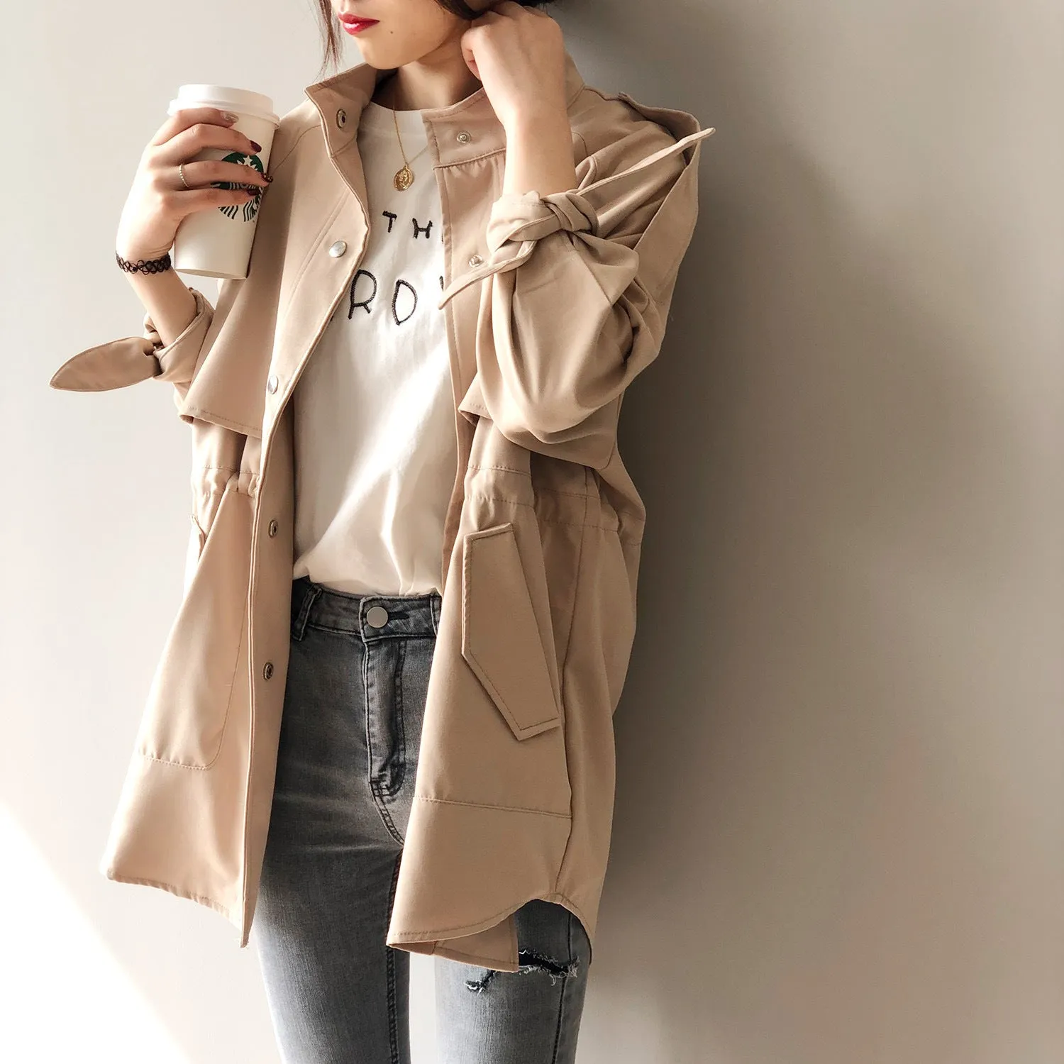 Fashion Trench Coats Female Spring Windbreaker Drawstring Coats Casual Loose Safari Clothes Stand Collar