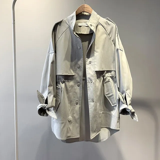 Fashion Trench Coats Female Spring Windbreaker Drawstring Coats Casual Loose Safari Clothes Stand Collar