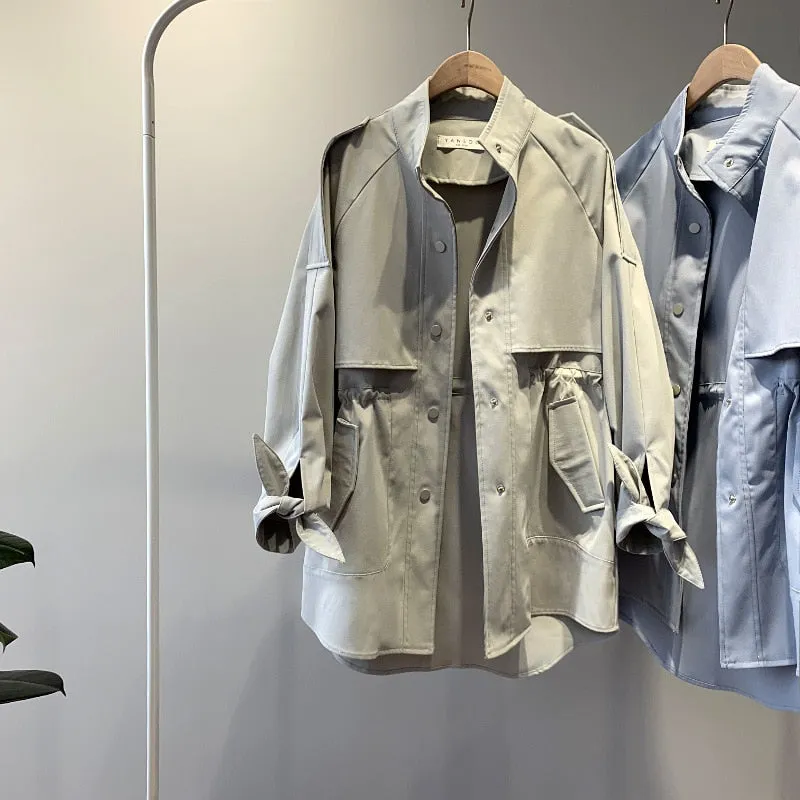 Fashion Trench Coats Female Spring Windbreaker Drawstring Coats Casual Loose Safari Clothes Stand Collar