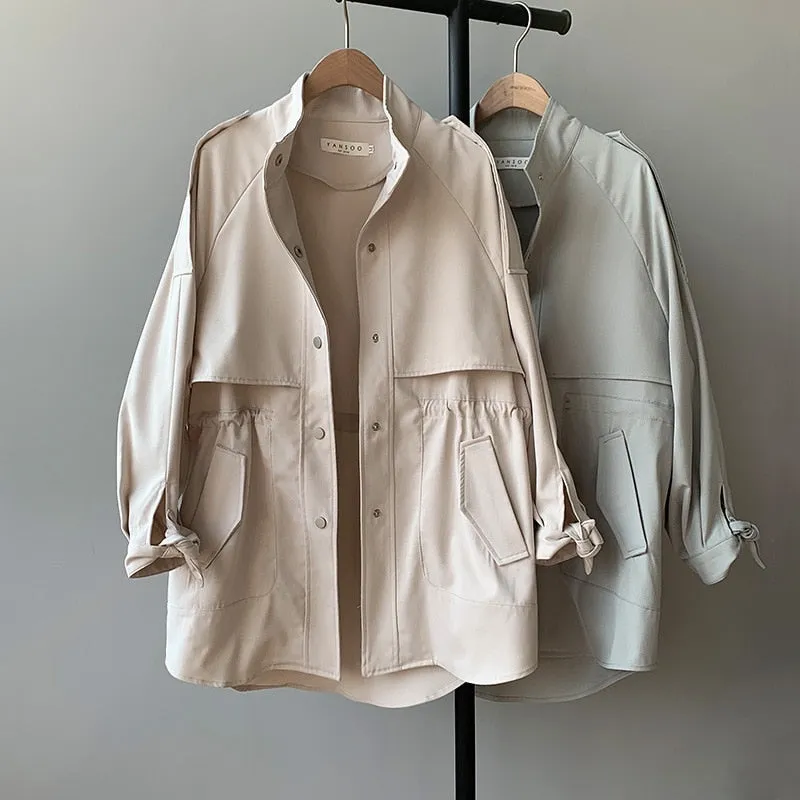 Fashion Trench Coats Female Spring Windbreaker Drawstring Coats Casual Loose Safari Clothes Stand Collar