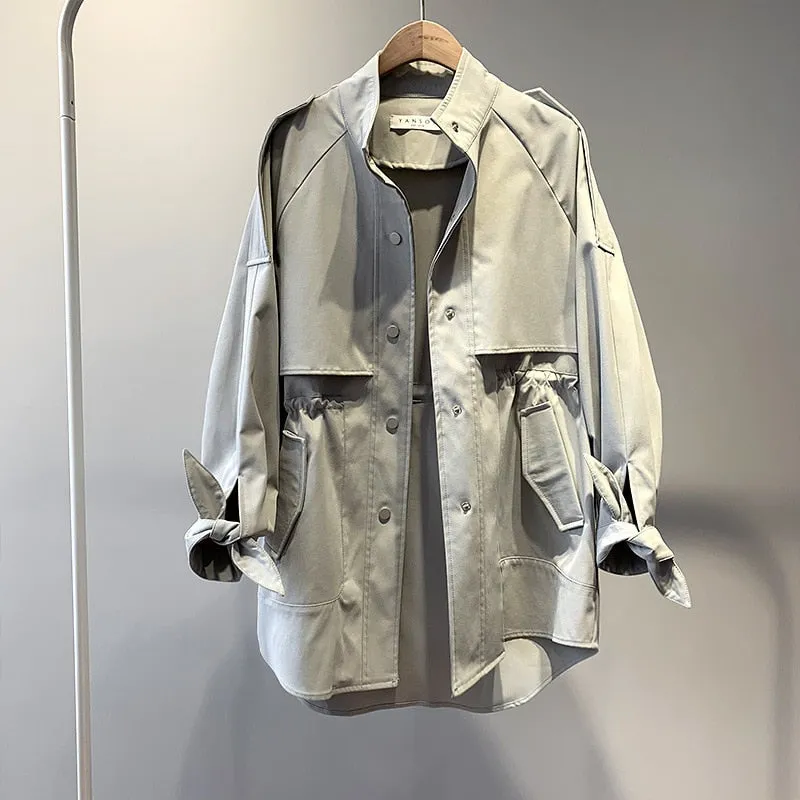 Fashion Trench Coats Female Spring Windbreaker Drawstring Coats Casual Loose Safari Clothes Stand Collar