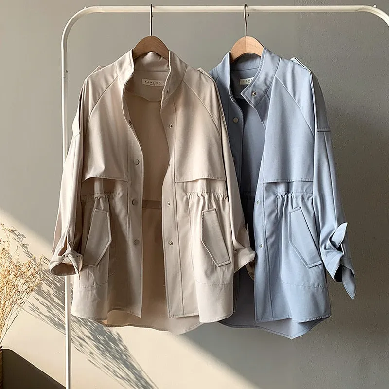 Fashion Trench Coats Female Spring Windbreaker Drawstring Coats Casual Loose Safari Clothes Stand Collar