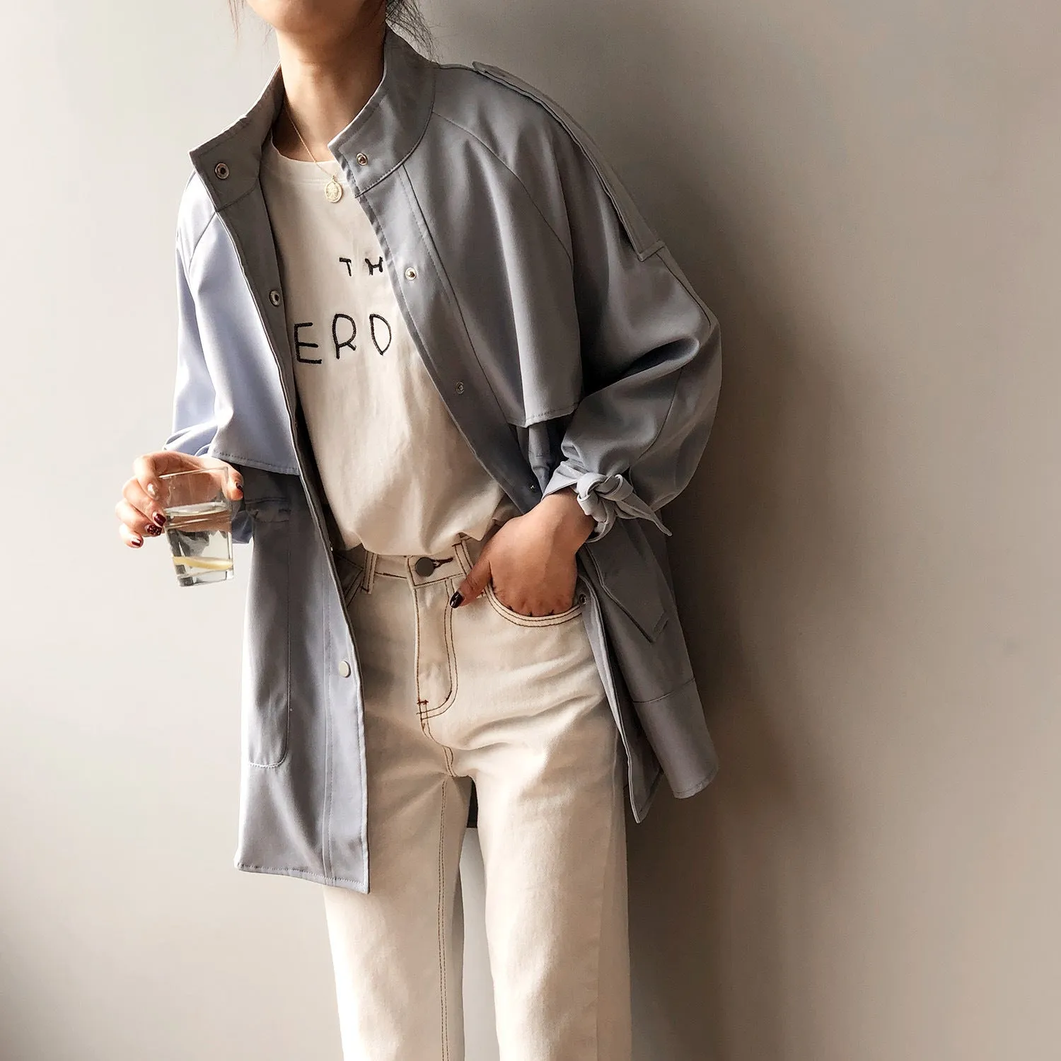 Fashion Trench Coats Female Spring Windbreaker Drawstring Coats Casual Loose Safari Clothes Stand Collar