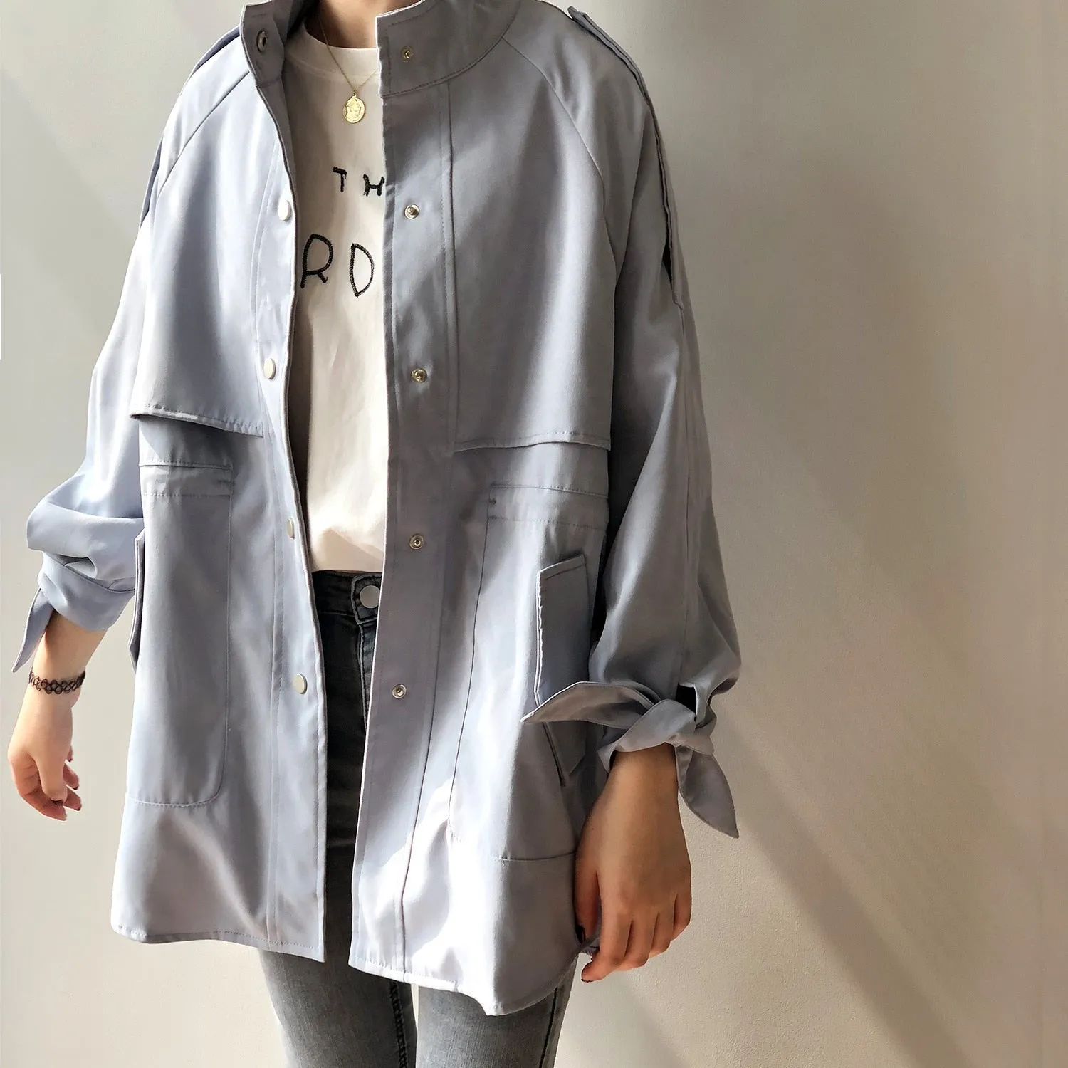 Fashion Trench Coats Female Spring Windbreaker Drawstring Coats Casual Loose Safari Clothes Stand Collar