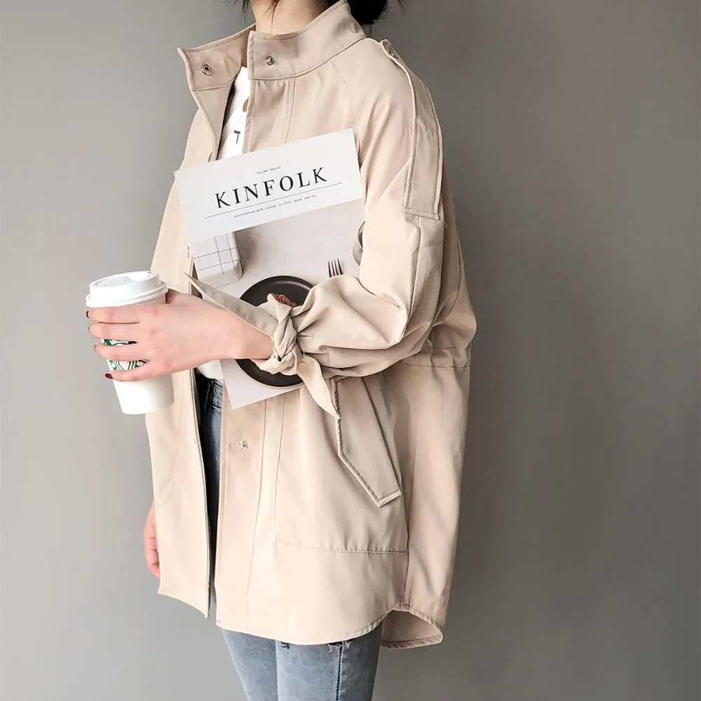 Fashion Trench Coats Female Spring Windbreaker Drawstring Coats Casual Loose Safari Clothes Stand Collar