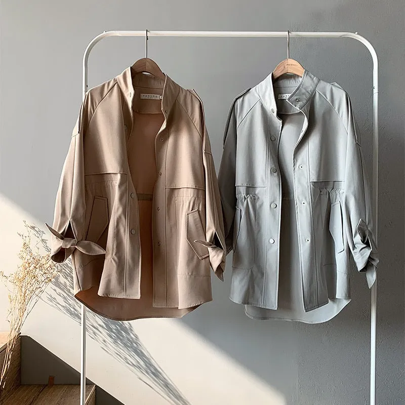 Fashion Trench Coats Female Spring Windbreaker Drawstring Coats Casual Loose Safari Clothes Stand Collar
