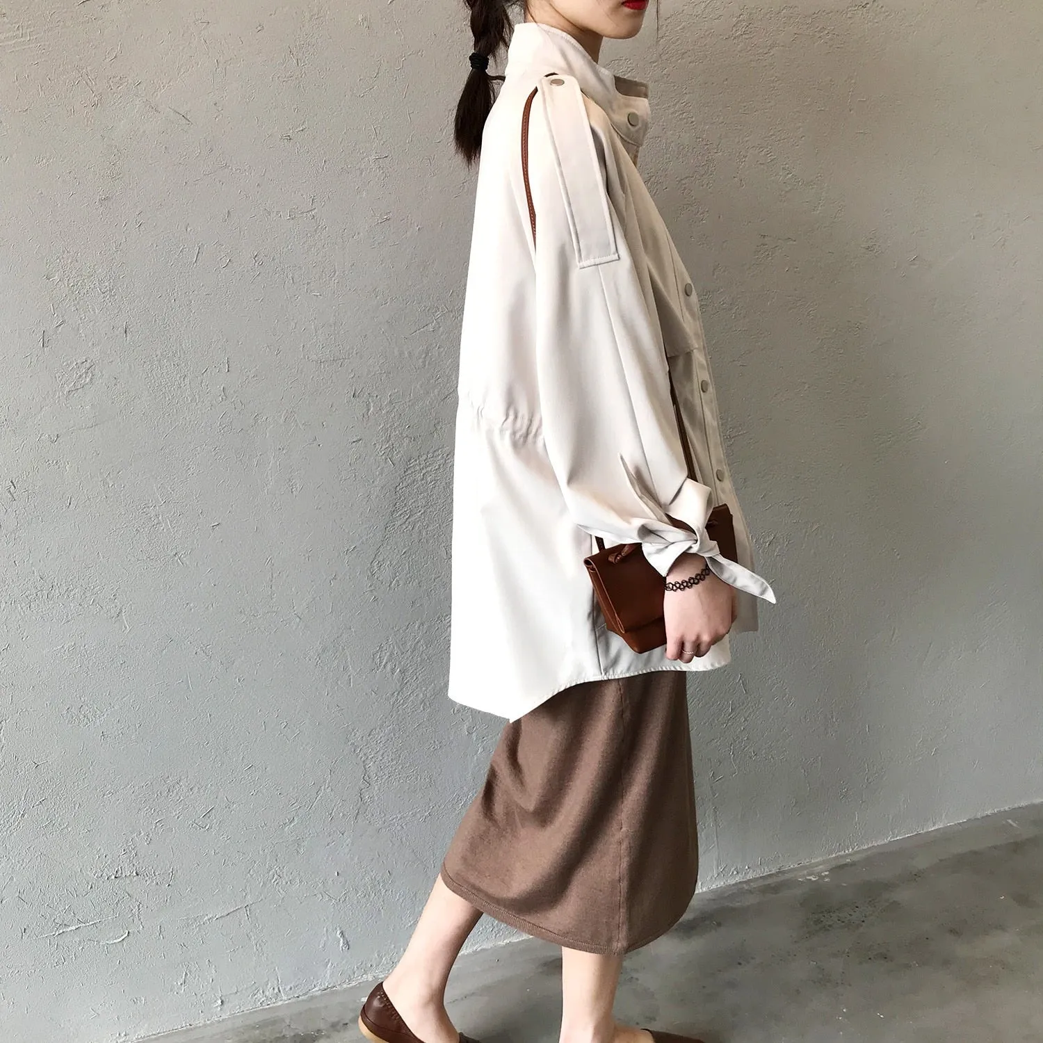 Fashion Trench Coats Female Spring Windbreaker Drawstring Coats Casual Loose Safari Clothes Stand Collar