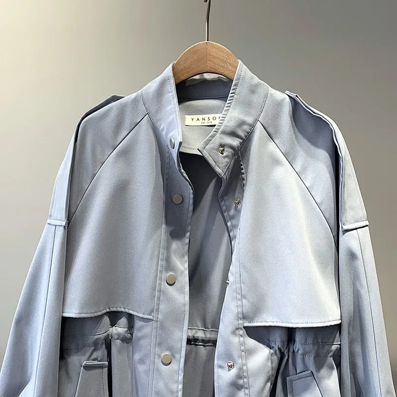 Fashion Trench Coats Female Spring Windbreaker Drawstring Coats Casual Loose Safari Clothes Stand Collar