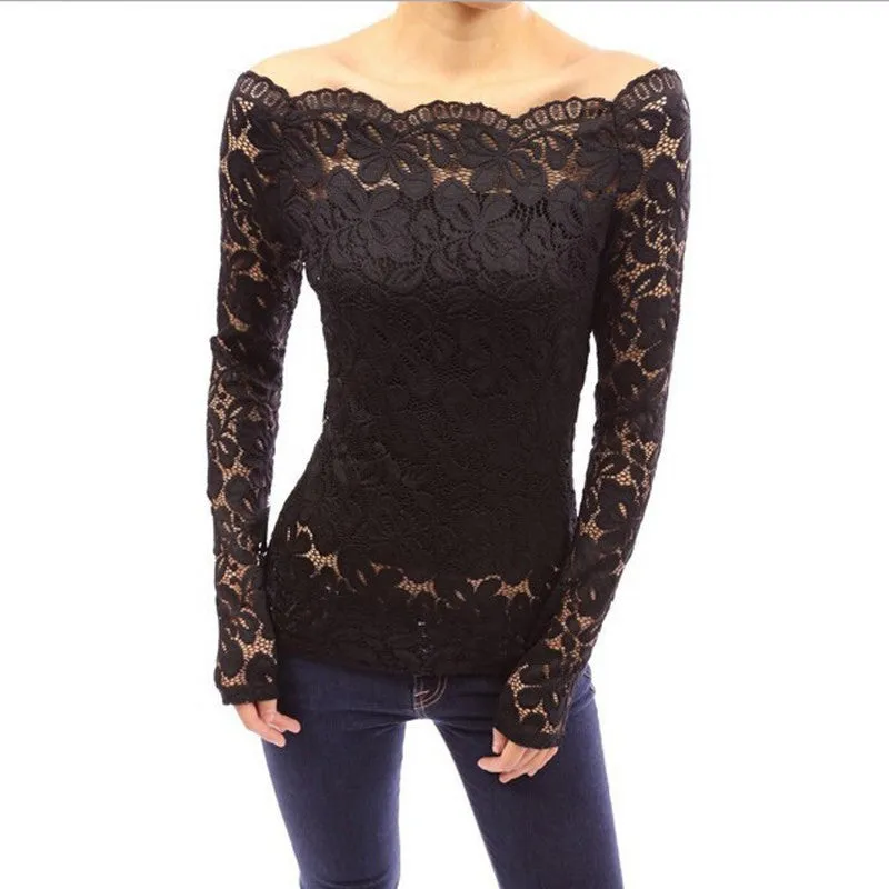 Fashion Women Blouses Off Shoulder Lace Crochet Shirts Long Sleeve Casual Tops Blouse Plus Size