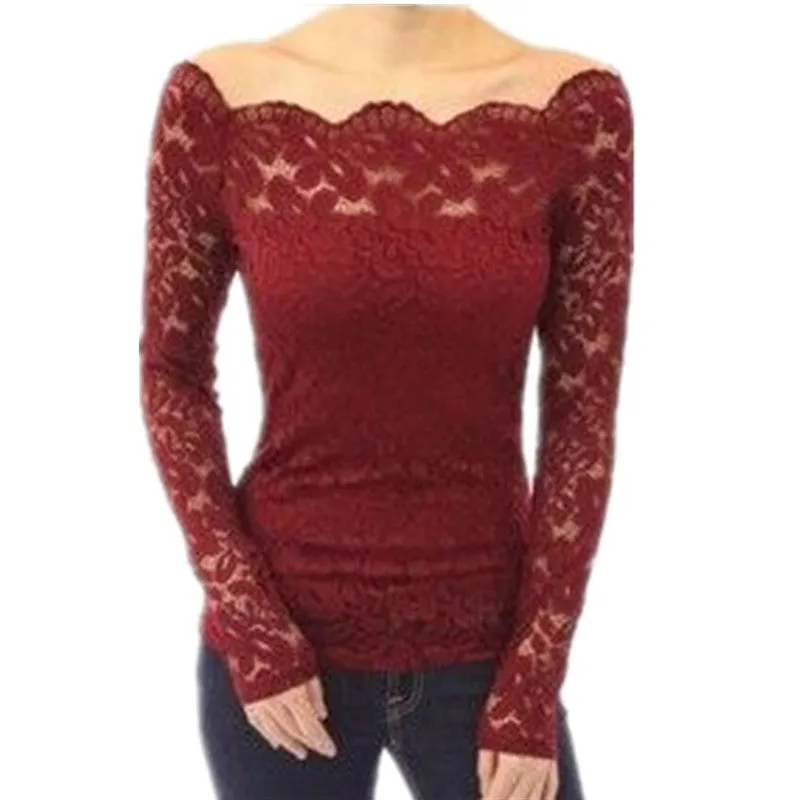 Fashion Women Blouses Off Shoulder Lace Crochet Shirts Long Sleeve Casual Tops Blouse Plus Size