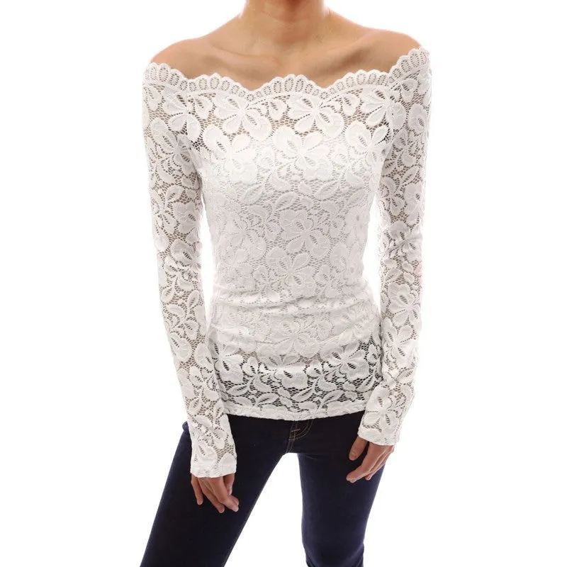 Fashion Women Blouses Off Shoulder Lace Crochet Shirts Long Sleeve Casual Tops Blouse Plus Size