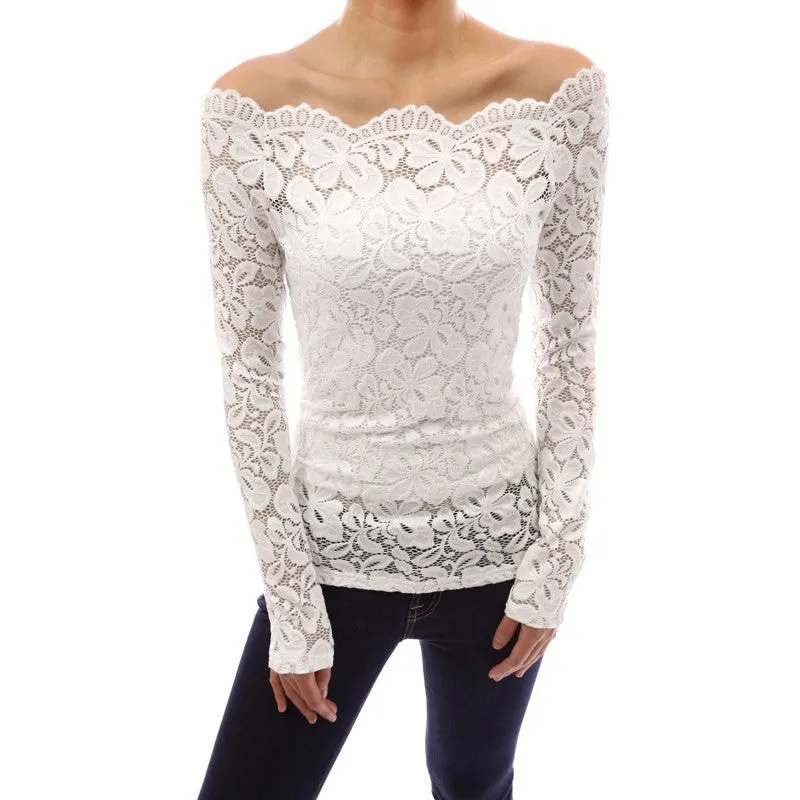 Fashion Women Blouses Off Shoulder Lace Crochet Shirts Long Sleeve Casual Tops Blouse Plus Size