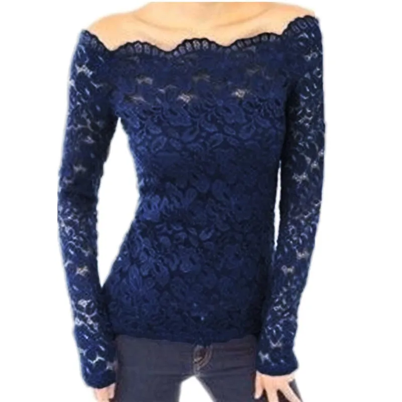 Fashion Women Blouses Off Shoulder Lace Crochet Shirts Long Sleeve Casual Tops Blouse Plus Size