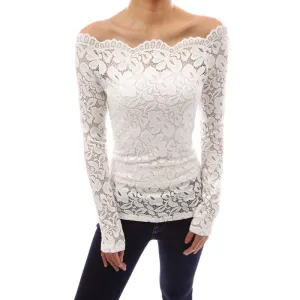 Fashion Women Blouses Off Shoulder Lace Crochet Shirts Long Sleeve Casual Tops Blouse Plus Size