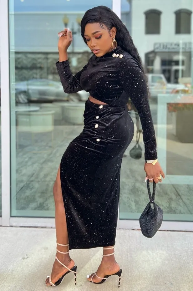 FINAL SALE! Bellucci- Cut Out Waist Overlay Slit Velvet Dress  (CLEARANCE OUTLET! Final Sale/No Return/No Exchange!)