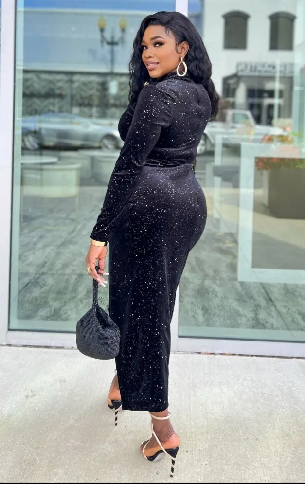 FINAL SALE! Bellucci- Cut Out Waist Overlay Slit Velvet Dress  (CLEARANCE OUTLET! Final Sale/No Return/No Exchange!)