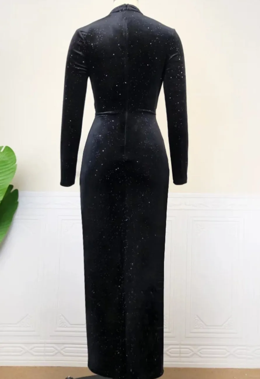 FINAL SALE! Bellucci- Cut Out Waist Overlay Slit Velvet Dress  (CLEARANCE OUTLET! Final Sale/No Return/No Exchange!)