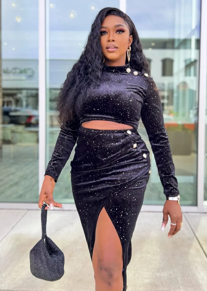 FINAL SALE! Bellucci- Cut Out Waist Overlay Slit Velvet Dress  (CLEARANCE OUTLET! Final Sale/No Return/No Exchange!)