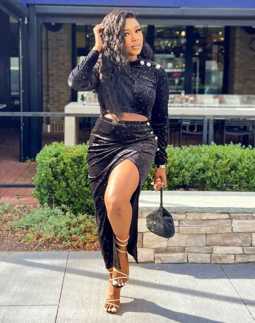 FINAL SALE! Bellucci- Cut Out Waist Overlay Slit Velvet Dress  (CLEARANCE OUTLET! Final Sale/No Return/No Exchange!)