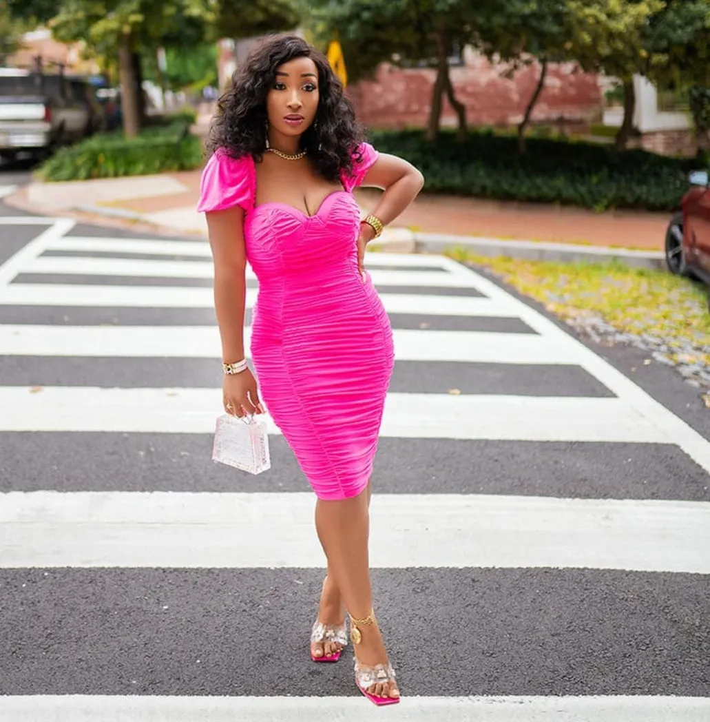 FINAL SALE! Pinkey Passion- Mesh Ruched Dress (CLEARANCE OUTLET! Final Sale/No Return/No Exchange!)