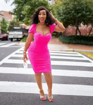 FINAL SALE! Pinkey Passion- Mesh Ruched Dress (CLEARANCE OUTLET! Final Sale/No Return/No Exchange!)