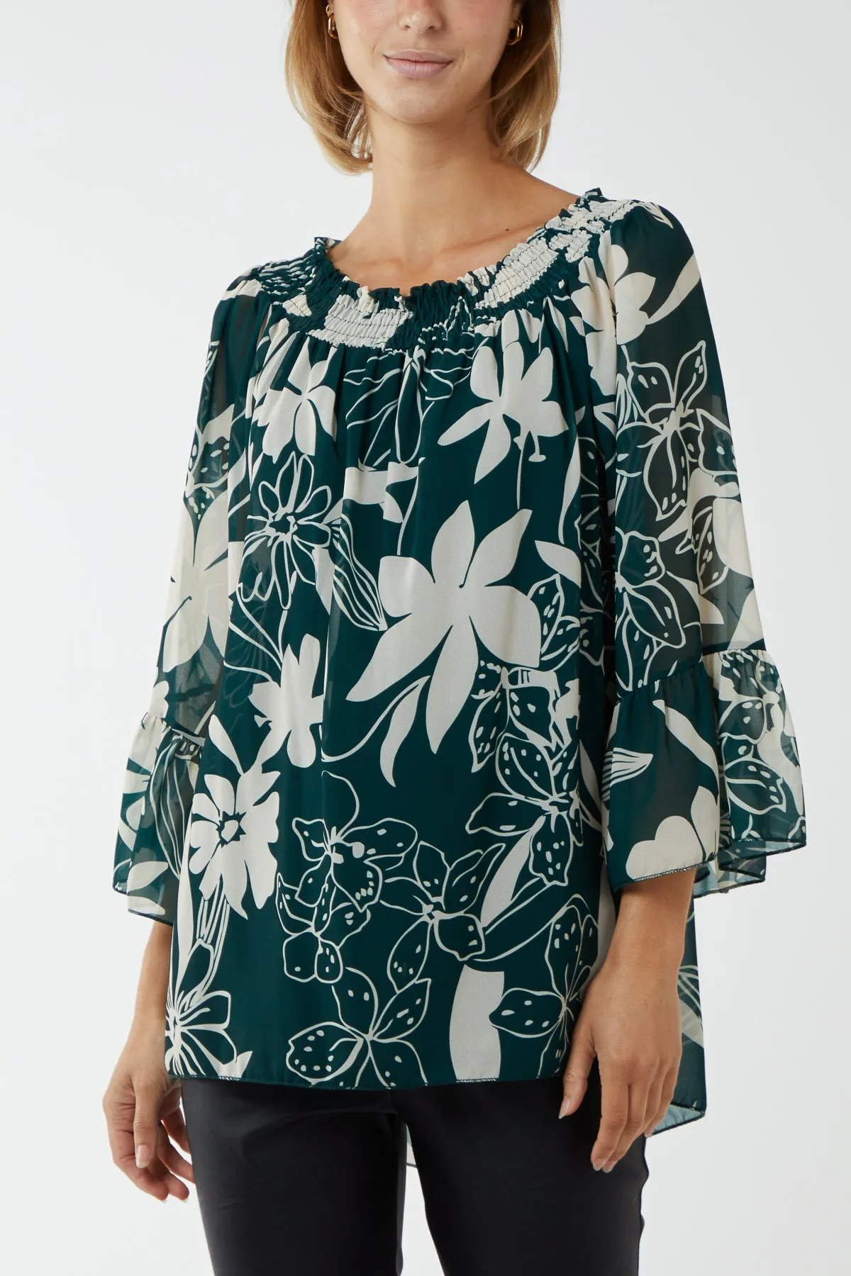 Floral Bardot Long Sleeve Blouse