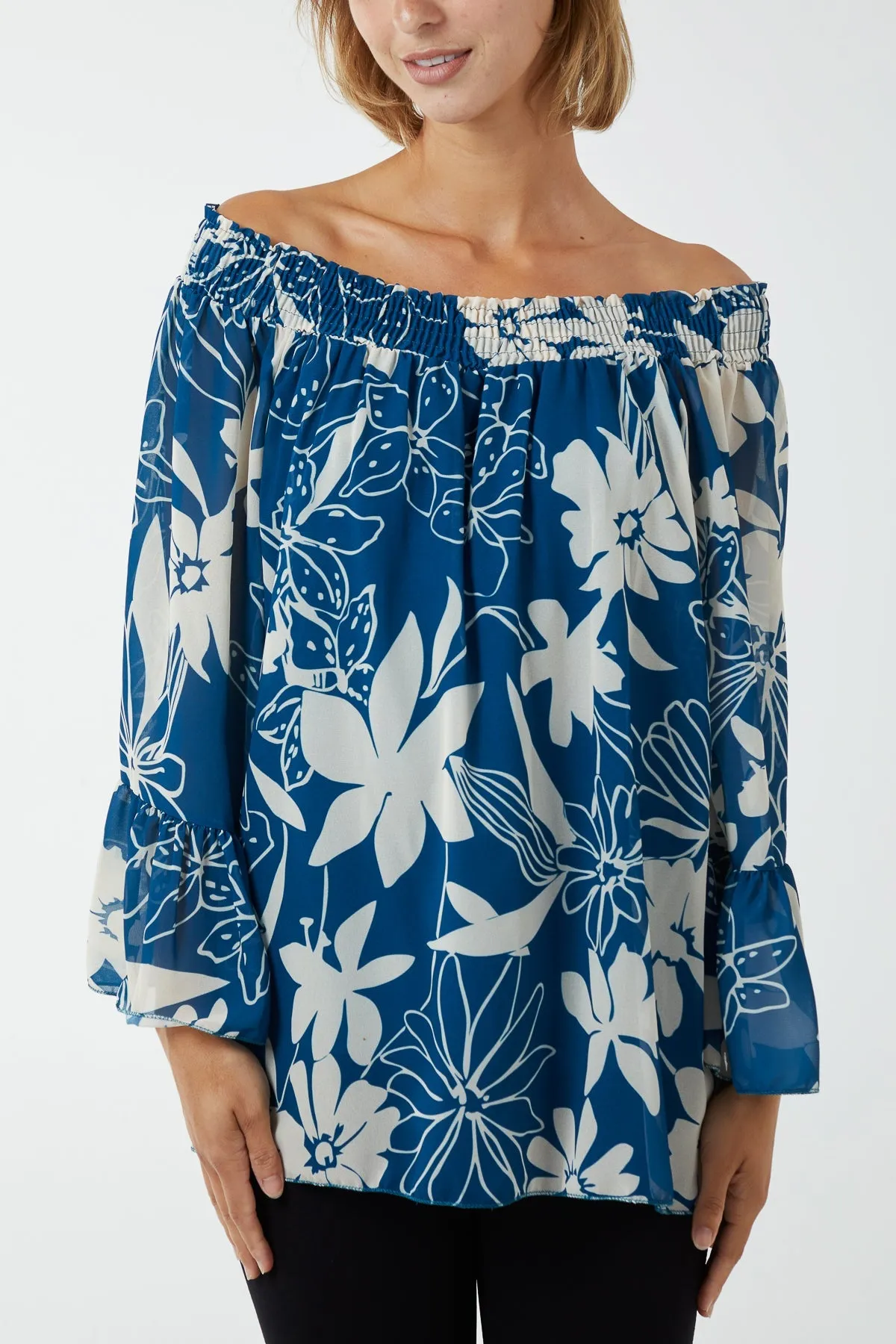 Floral Bardot Long Sleeve Blouse