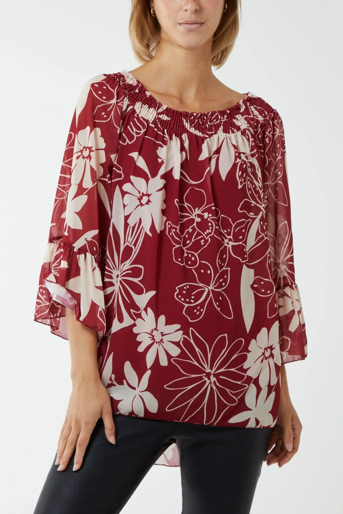Floral Bardot Long Sleeve Blouse