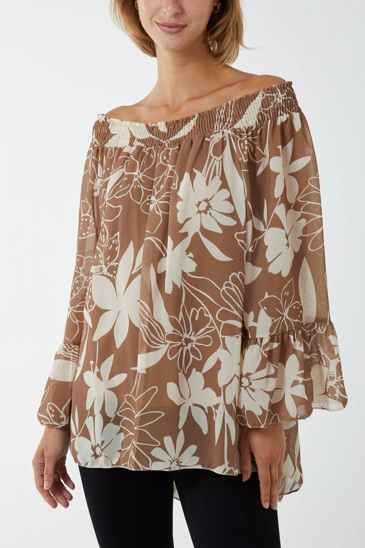 Floral Bardot Long Sleeve Blouse