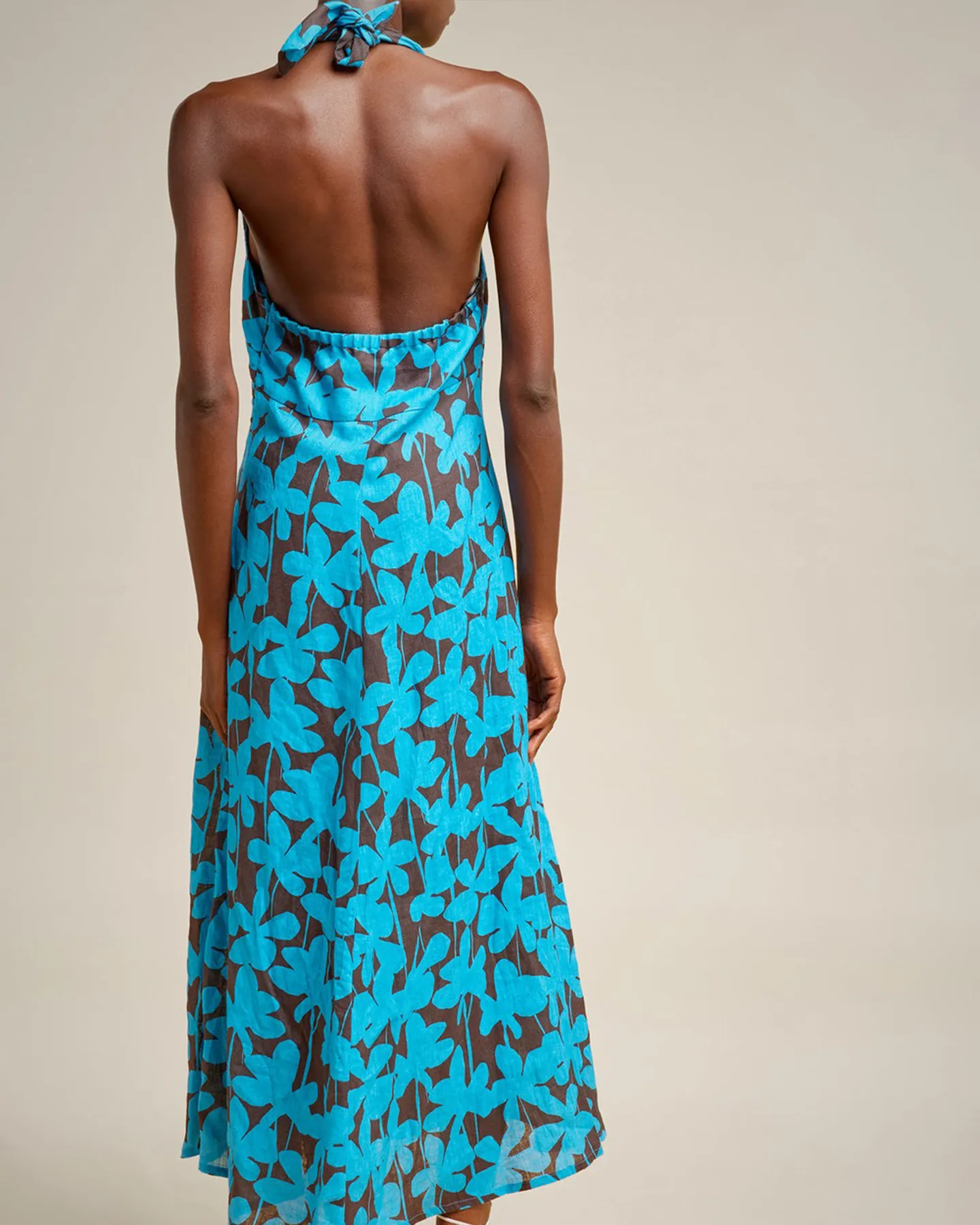 FLORAL PRINT LINEN HALTER DRESS WITH BOW - AQUA