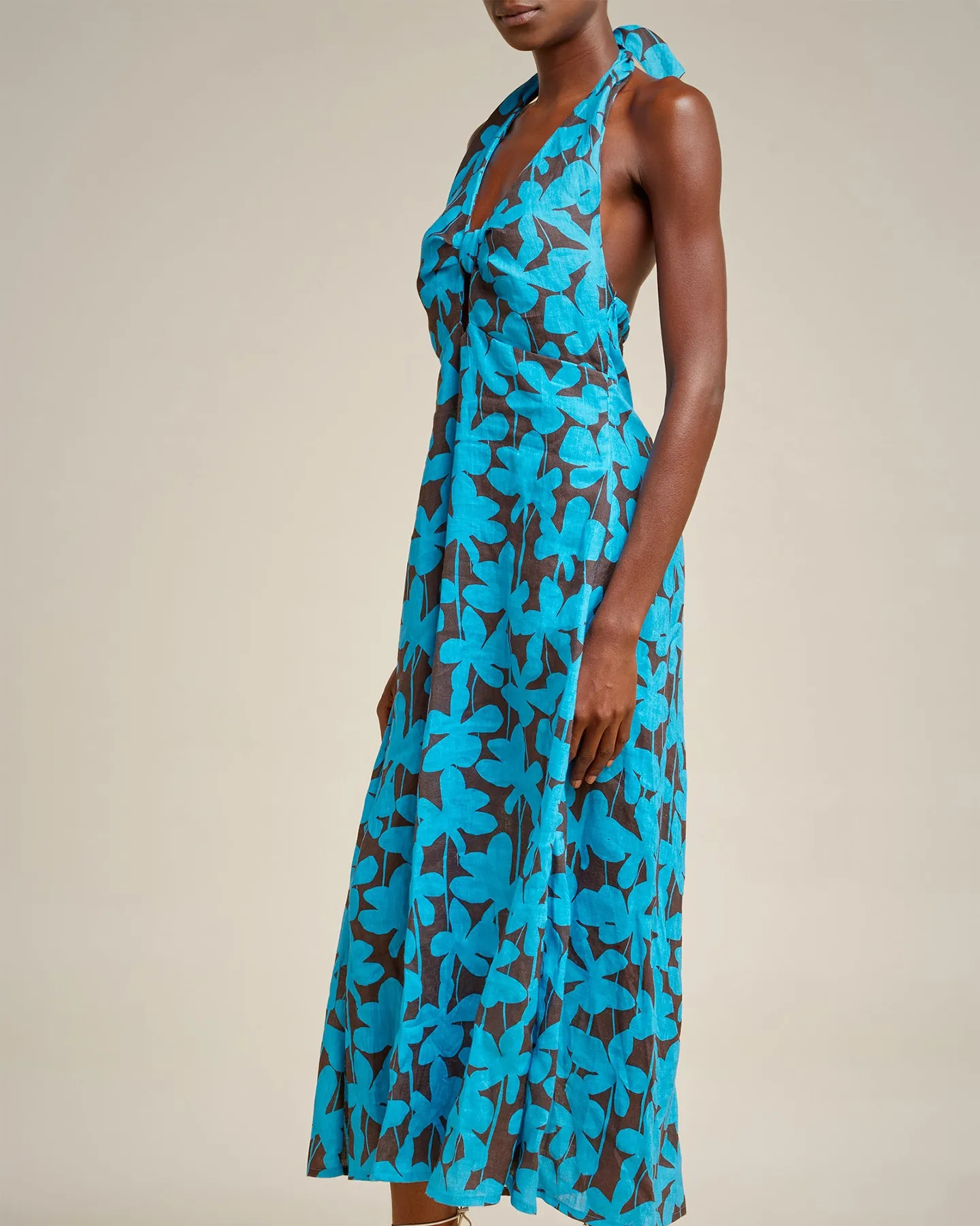 FLORAL PRINT LINEN HALTER DRESS WITH BOW - AQUA