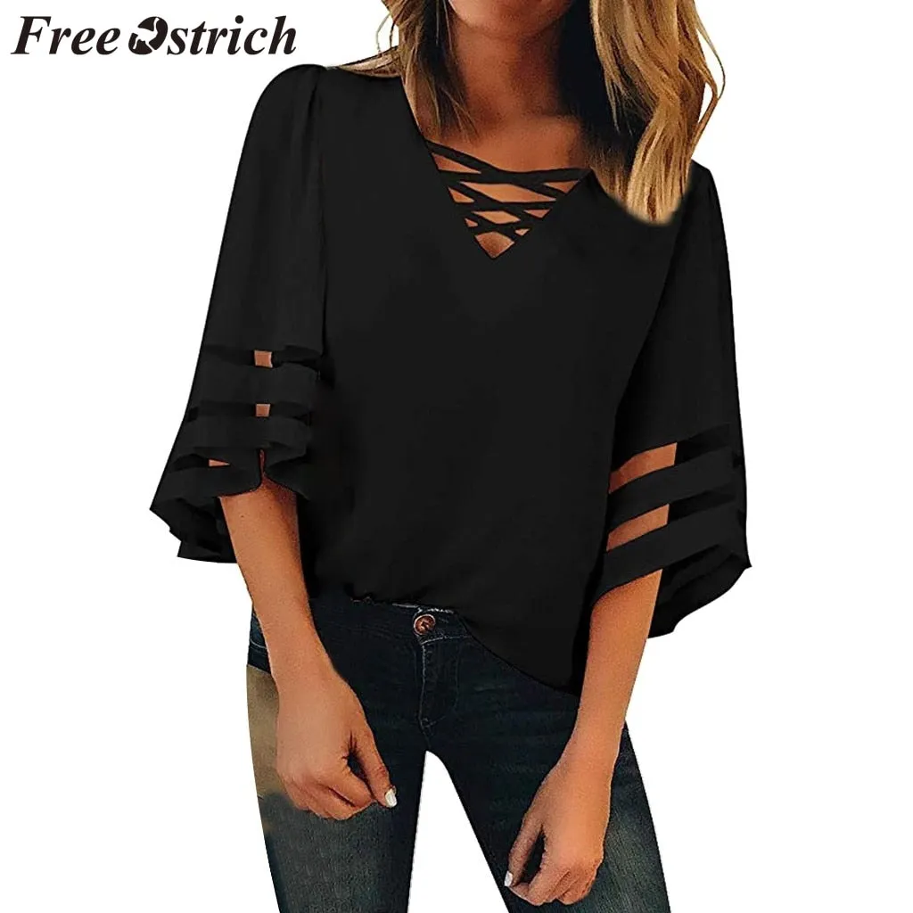 FREE OSTRICH Women Shirts Flare Sleeve Vneck Solid Color Patchwork Half Black Loose Trend Honorable Elegant Summer Blouse Shirts