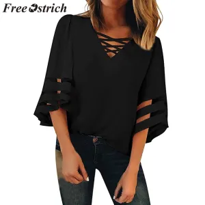 FREE OSTRICH Women Shirts Flare Sleeve Vneck Solid Color Patchwork Half Black Loose Trend Honorable Elegant Summer Blouse Shirts
