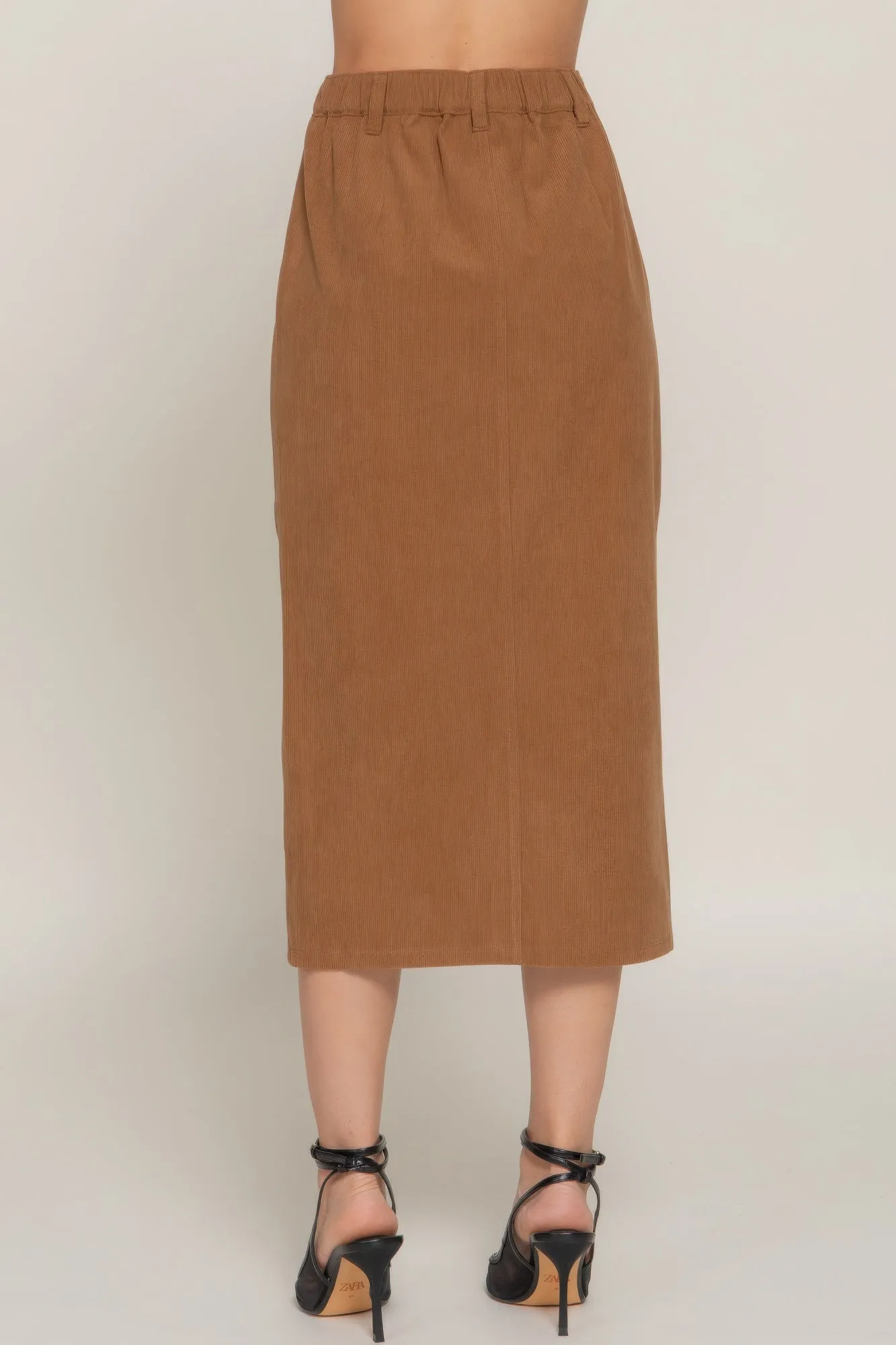 Front Open Slit Corduroy Midi Skirt Camel