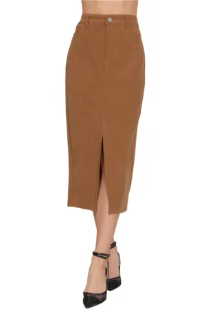 Front Open Slit Corduroy Midi Skirt Camel