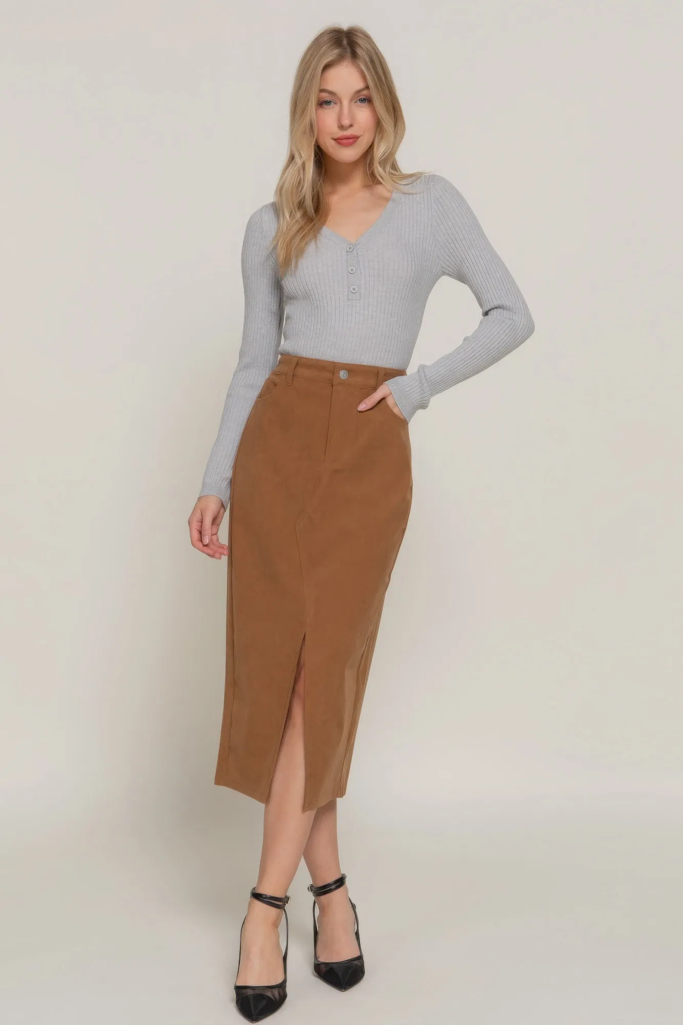 Front Open Slit Corduroy Midi Skirt Camel