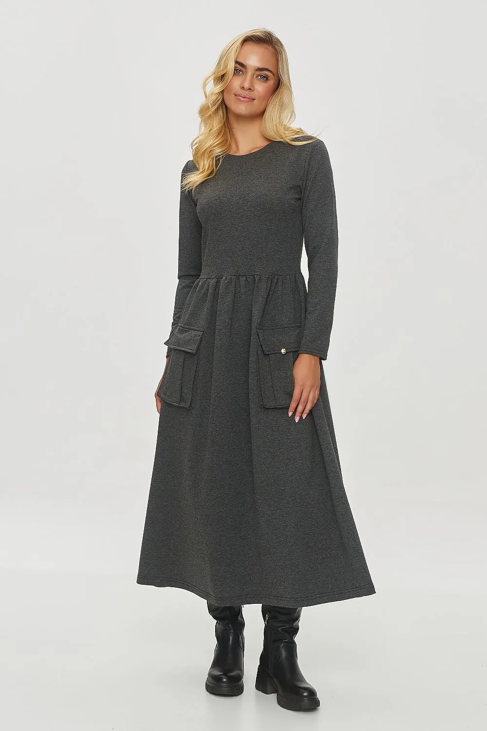 Gathered Waist Flared Midi Dress