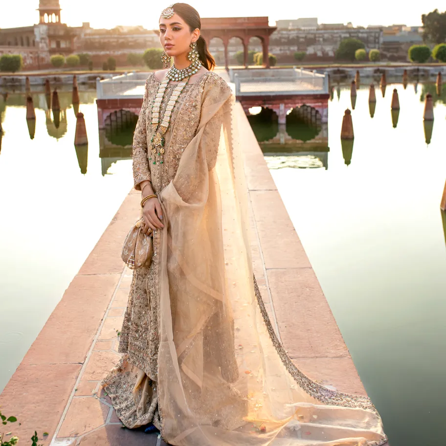 Gold Tissue Lehenga Dress for Pakistani Bridal Wear