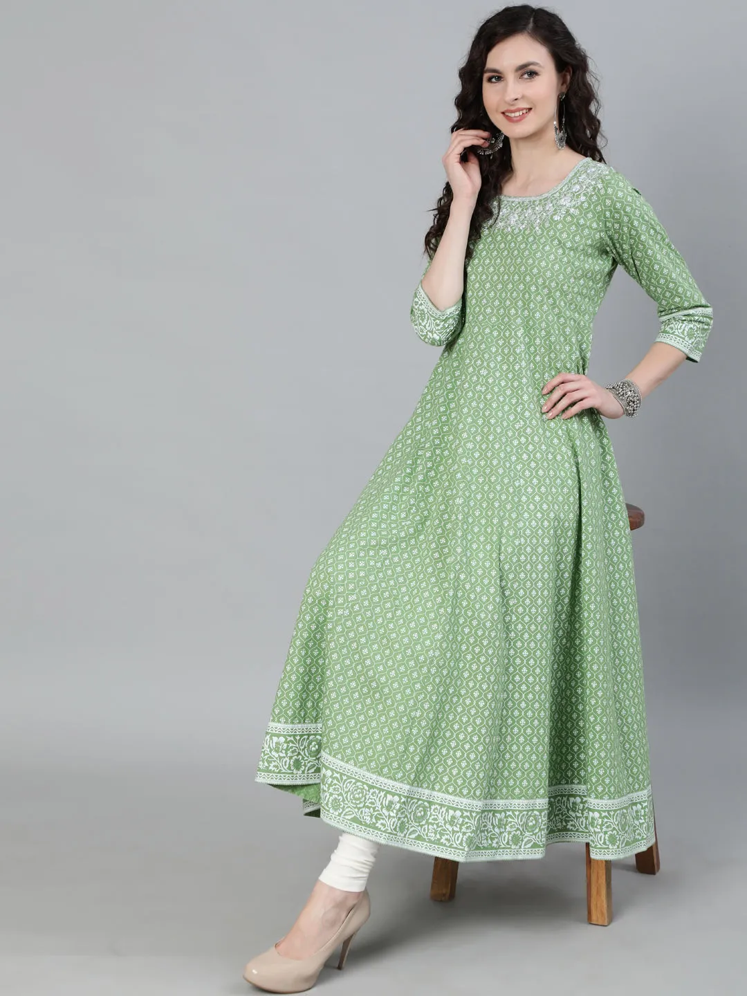 Green Printed Anarkali With Embroidered Yoke