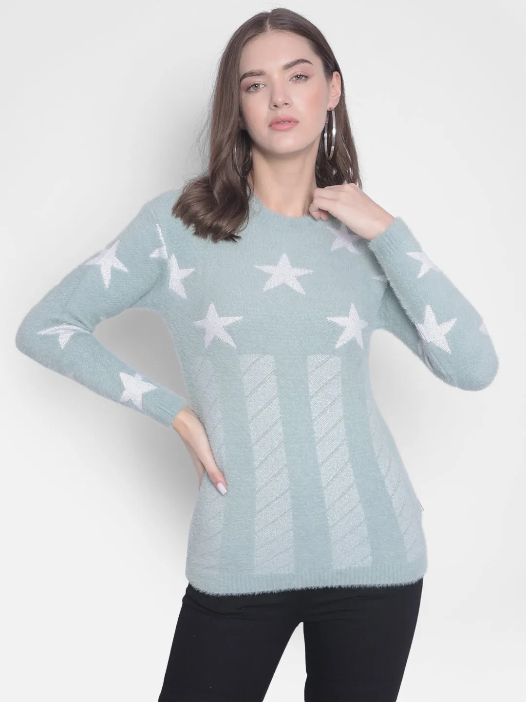 Green Printed Round Neck Sweaters