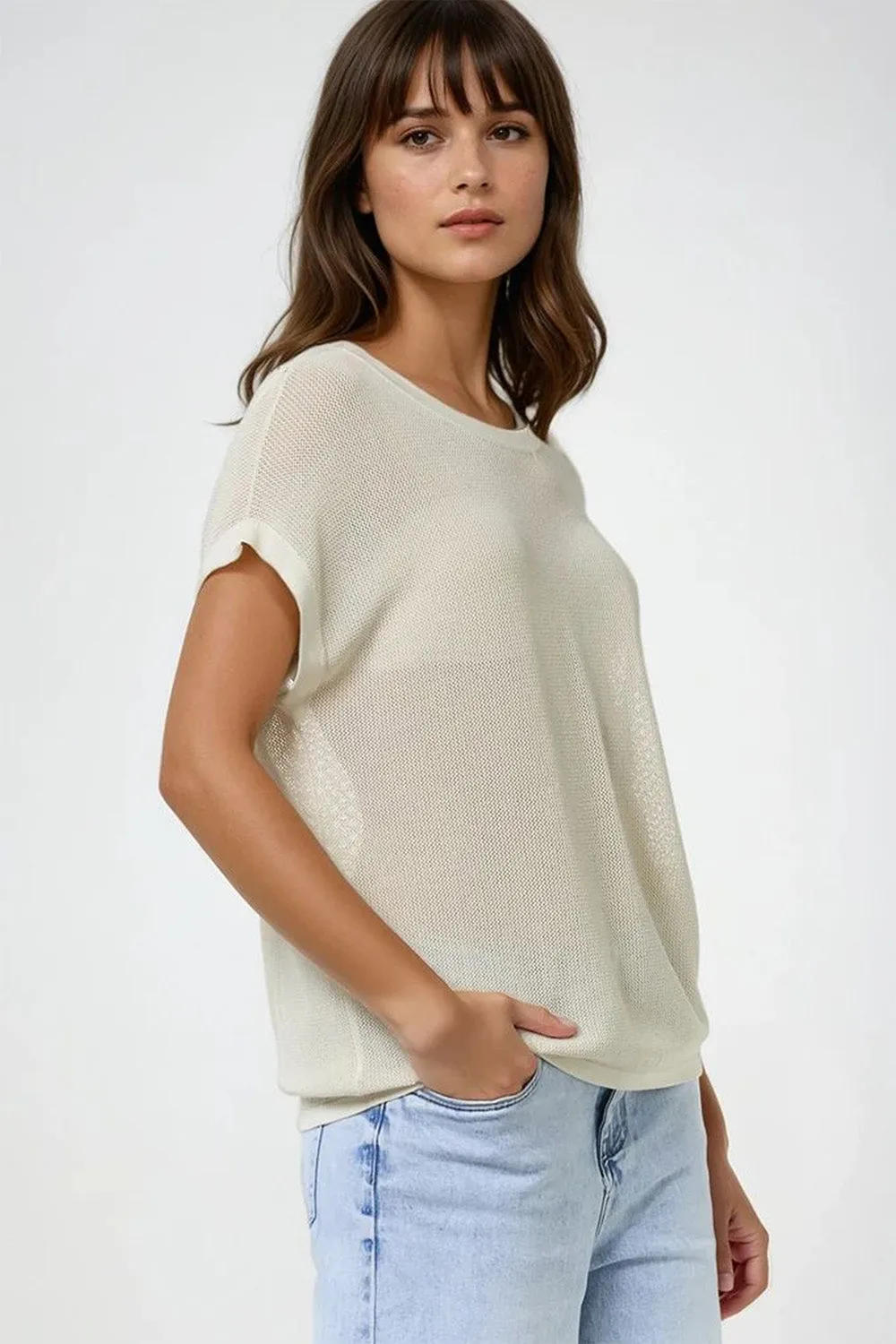 grid knit sweater in beige color