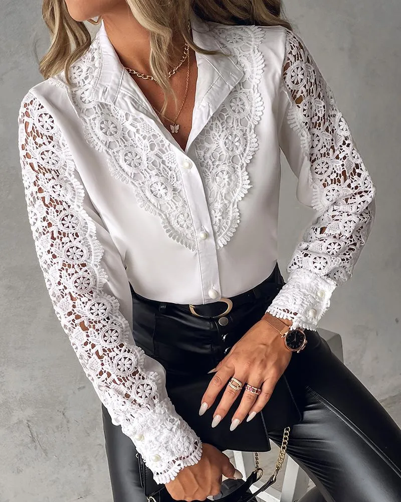 Guipure Lace Lantern Sleeve Button Design Blouse