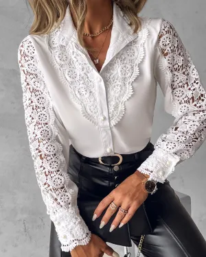 Guipure Lace Lantern Sleeve Button Design Blouse