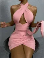 Halter Bodycon Mini Ribbon Hollow Out Dress