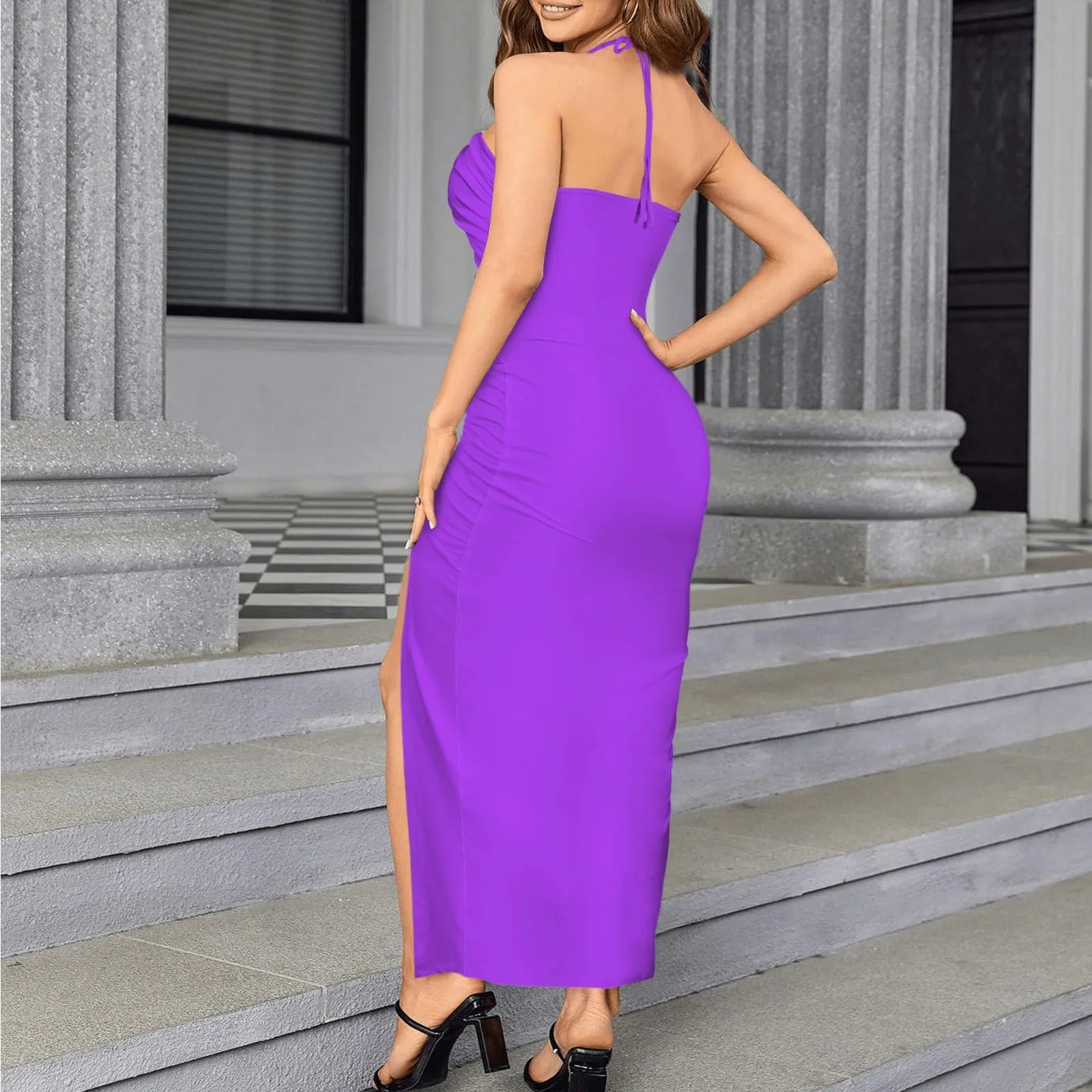 Halter Drawstring Split Slimming Dress