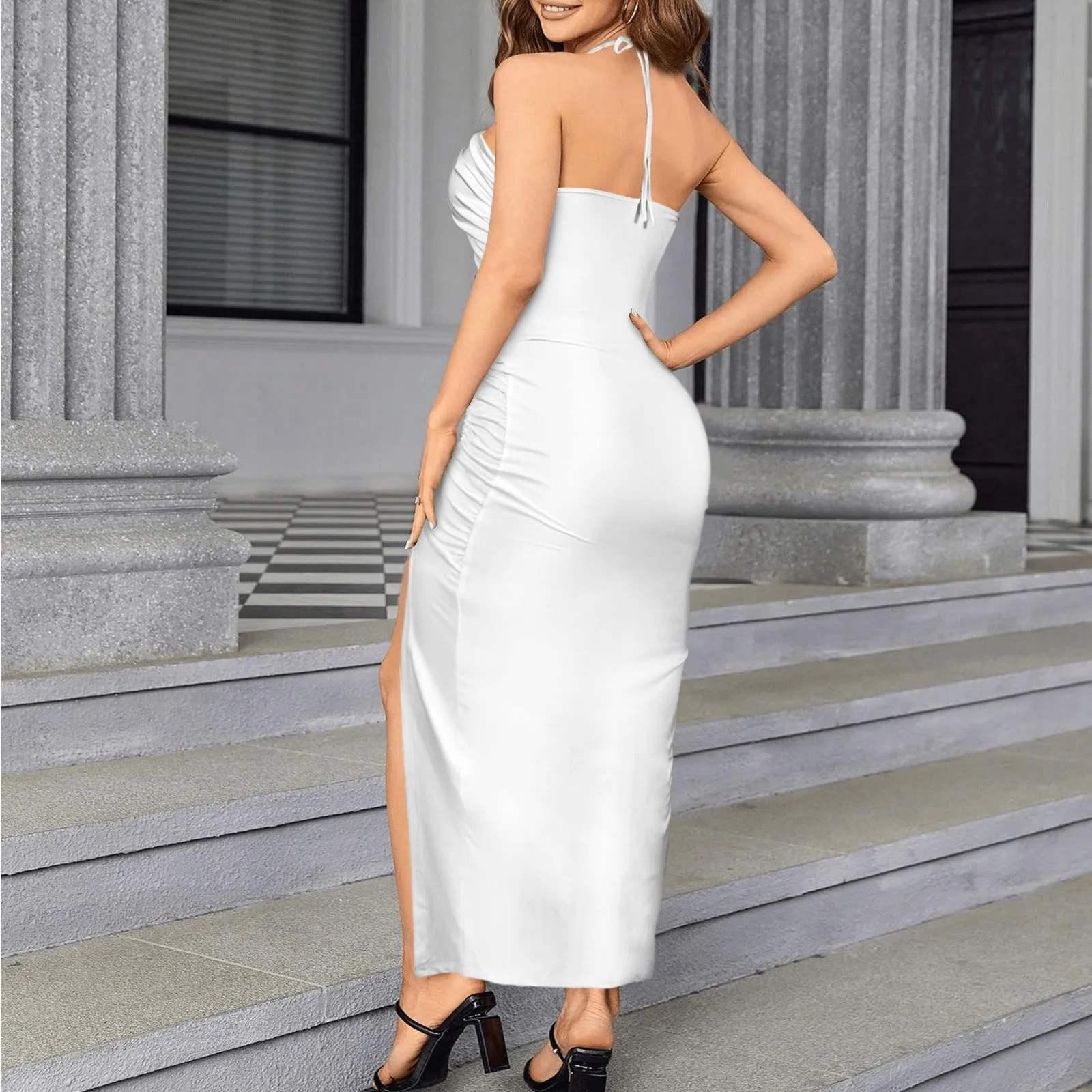 Halter Drawstring Split Slimming Dress