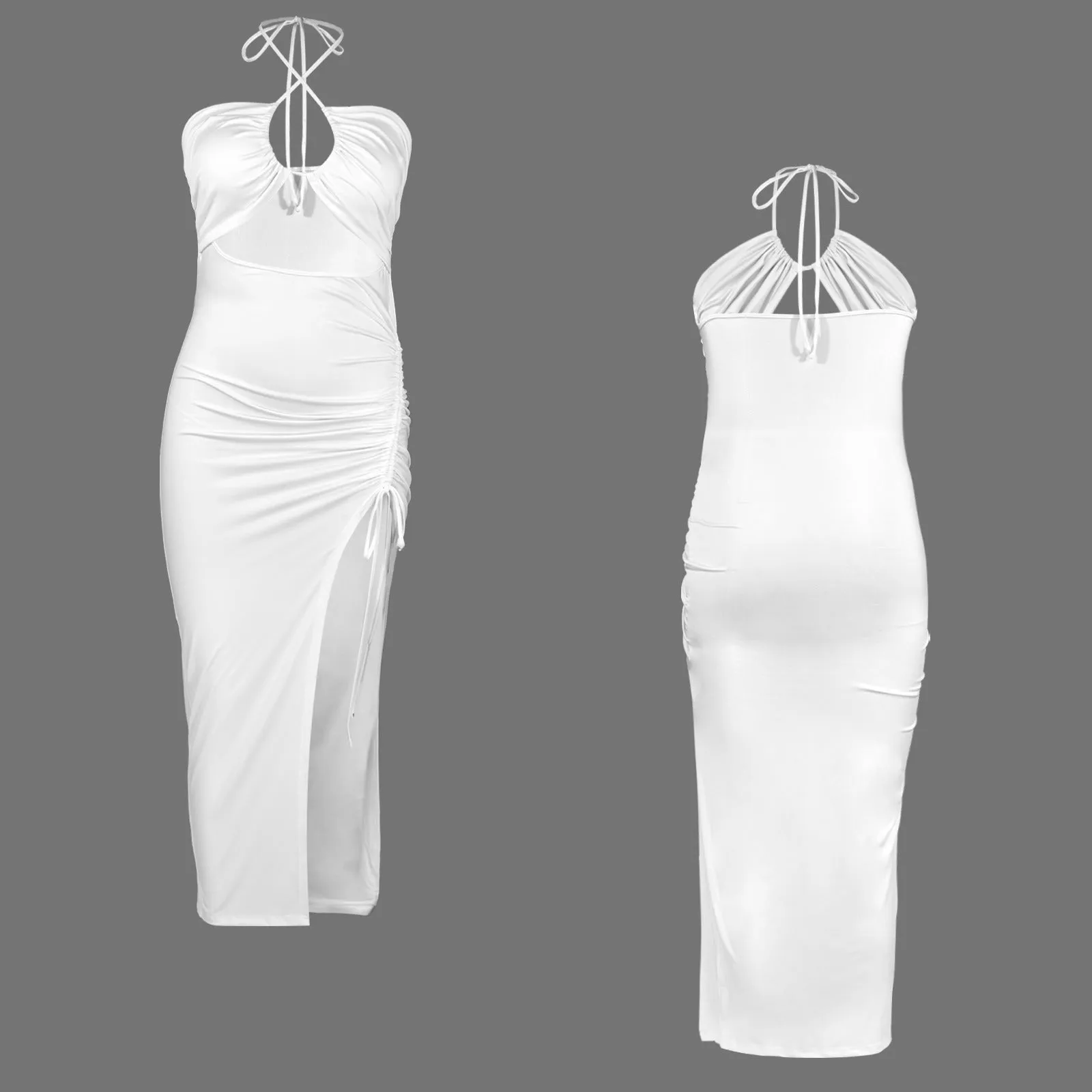 Halter Drawstring Split Slimming Dress